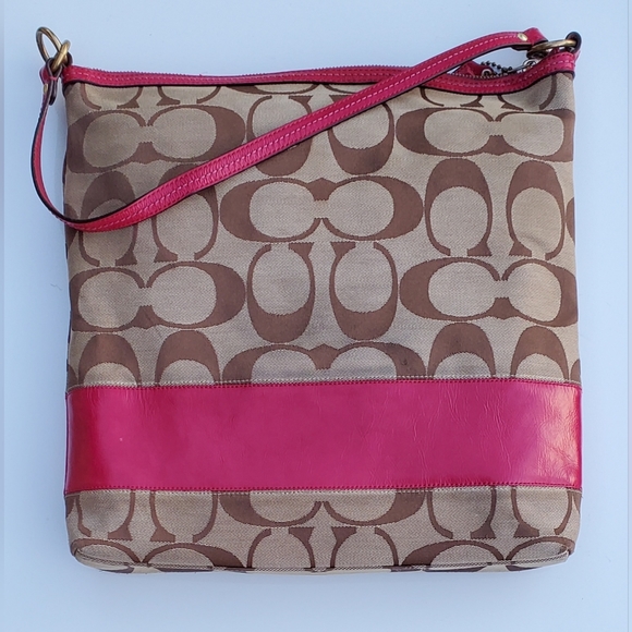 Coach Hot Pink Leather & Tan Classic Logo Canvas Bag/Purse - Picture 2 of 10